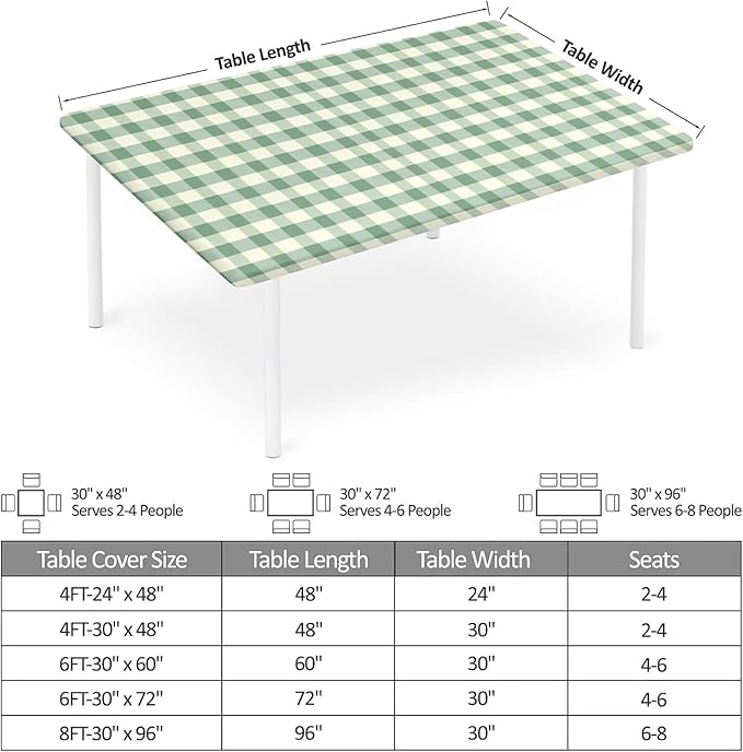Rectangle Table Cloth Cover Waterproof Elastic Fitted Polyester Fitted Tablecloths for 8 Foot Tables for Indoor,Picnic, Camping, Outdoor （96" x 30"，Green Grid）