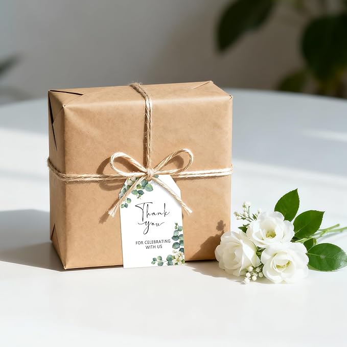 G2PLUS 50PCS Thank You Gift Tags with String, 3.3X2.2In Greenery Floral Leaves Paper Tags for Wedding Favors, Baby Shower, Bridal Shower, Party Decorations