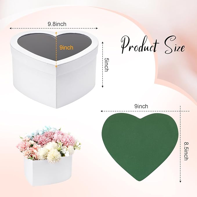 Nuenen Heart Shaped Flower Gift Boxes, Floral Gift Box with Lids Floral Foam Clear Cellophane 9.8 x 9 x 5 Inches for Birthday Wedding Proposal Packaging Arrangements(White)