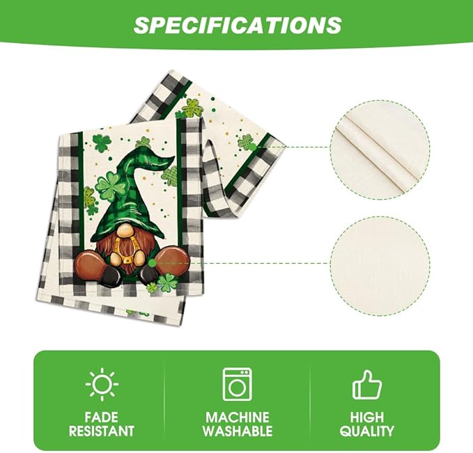 Artoid Mode Buffalo Plaid Shamrock Gnome St. Patrick's Day Table Runner, Seasonal Spring Holiday Kitchen Dining Table Decoration for Indoor Outdoor Home Party Decor 13 x 108 Inch