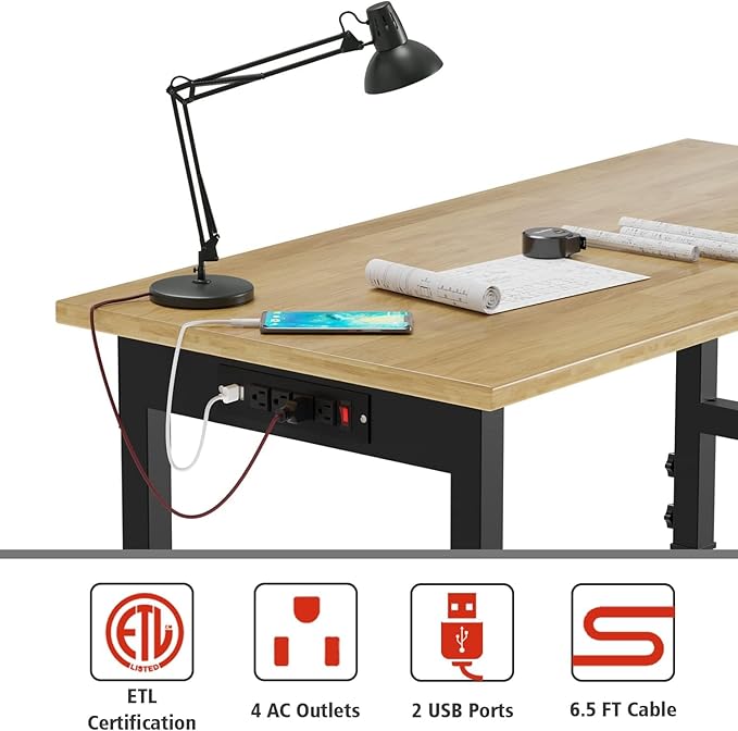 Adjustable Heavy Duty Workbench with Drawers,Rubber Wood Top Working Table, 2500 LBS Load Capacity with for Workshop and Office,etc.