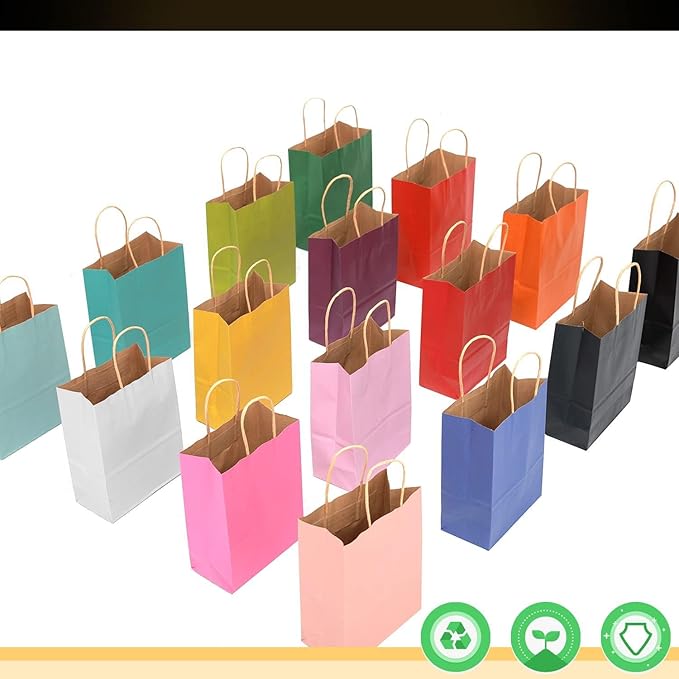 qiqee Large Kraft Paper Bags with Handles Bulk 13"x10"x5" 32-Packs Gift Bags 16 Different Senior Color Bags Multiple Uses（Large Size）