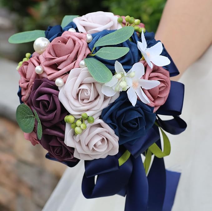 Lightweight Bridal Wedding Bouquet Round Holding Bouquet Throw Toss Artificial Rose Flower Bunch for Bride Bridesmaid Wedding Quinceanera (Navy, Smoky Rose, Light Taro & Dark Puce, 9.1")