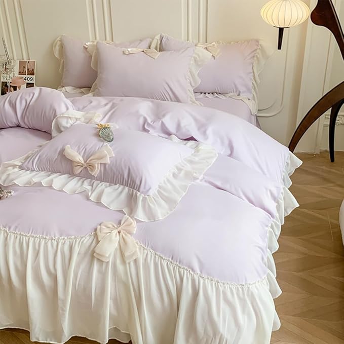Chic Lace Bedding,Girls Twin Aesthetic Comforter Cover Set,Romantic French Princess Style Ruffled Duvet Cover with Lovely Bow with Zipper Closure-Purple,Twin