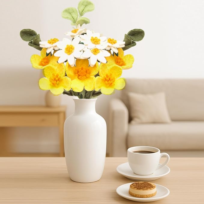 Glaciart One Felt Artificial Flowers Bouquet - 13 pcs | Reusable, Washable and Essential Oil Ready w/Bendable Wire Stem | Great as Gift and Home or Event Decorations