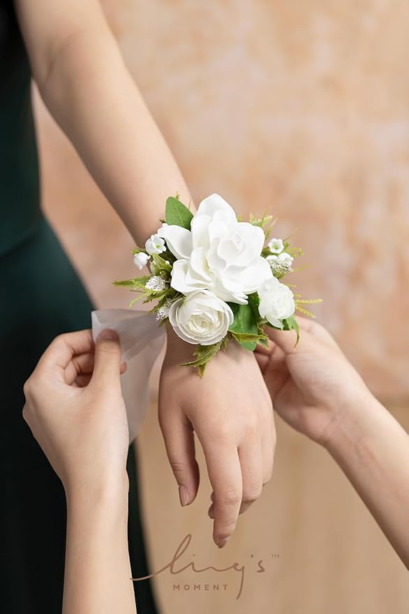 Ling's moment 6pcs Wedding Wrist Corsage Artificial Flowers, Girl/Mother Homecoming Prom Corsages Wristlet Décor, etc. White Lily Valley