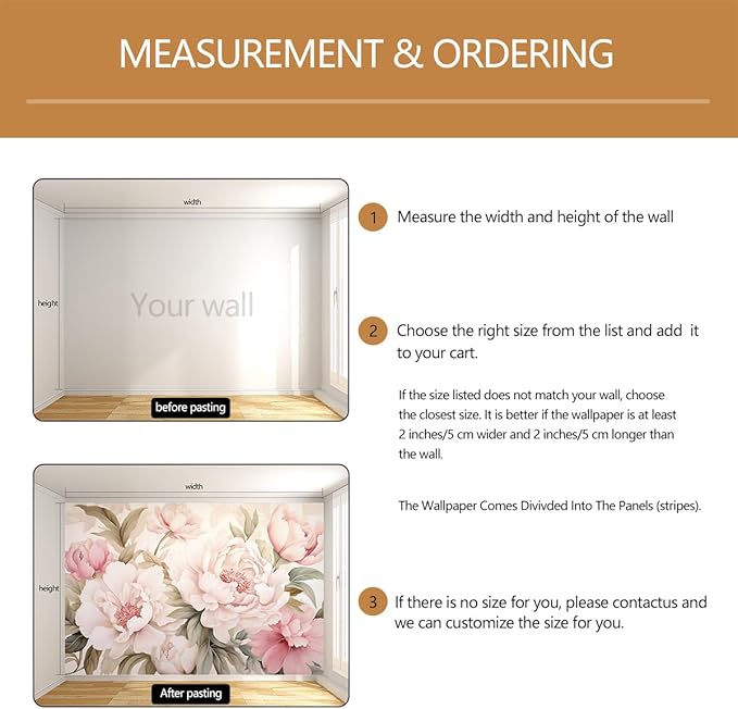 Pink Floral Wallpaper Large Peony Flowers Wall Mural for Girls Room Bedroom（Not Peel and Stick）