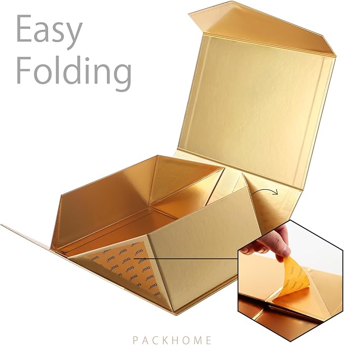 PACKHOME Christmas Gift Box 9x6.5x3.8 Inches, Rectangle Collapsible Box with Magnetic Lid for Xmas Gift Packaging (Glossy Gold)