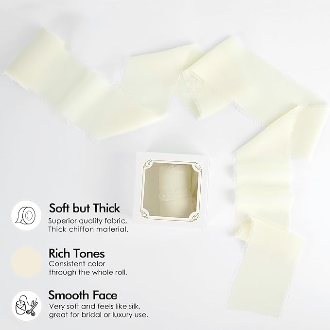 MEEDEE Ivory Chiffon Ribbon 3 Inch Frayed Ribbon Cream Chiffon Silk Ribbons Frayed Edge Wide Chiffon Ribbons for Crafts, Flower Bouquet, Wedding Favors Wrapping (2 Rolls 10 Yards)