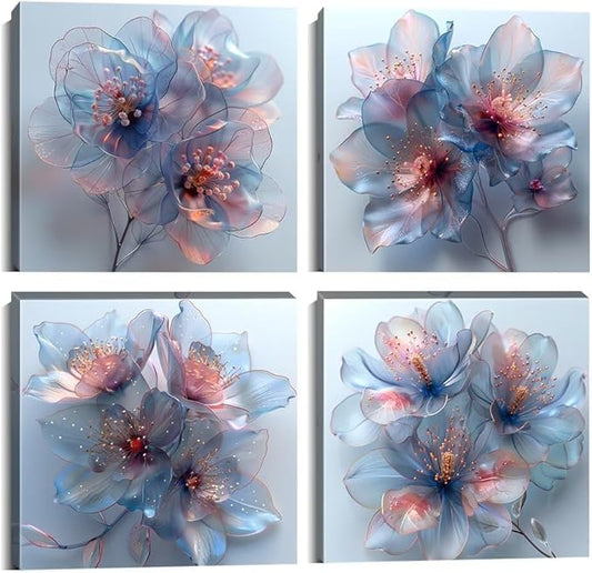 Pankila Abstract Flower Wall Art Blooming Flowers Pictures Canvas Prints Blue Pink Flower Wall Decor for Living Room Bedroom Bathroom Home Decorations Painting Framed Artwork (20''W x 20''H x 4)