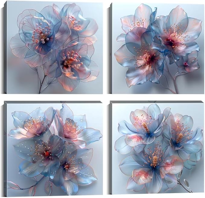 Pankila Abstract Flower Wall Art Blooming Flowers Pictures Canvas Prints Blue Pink Flower Wall Decor for Living Room Bedroom Bathroom Home Decorations Painting Framed Artwork (16''W x 16''H x 4)