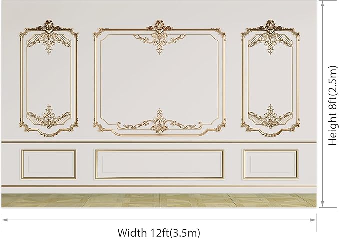AOFOTO Vintage Room Inside Backdrop Modern French Classic Frame White Walls Gold Embossed Floral Photo Background Wedding Bridal Shower Reception Drama Portrait Photoshoot Backdrop Props 12x8ft