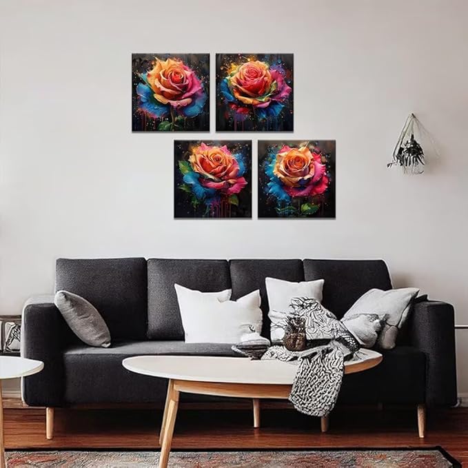 Pankila Colorful Rose Wall Art Floral Pictures Canvas Prints Abstract Rose Flower Wall Decor for Living Room Bedroom Bathroom Home Decorations Framed Artwork Ready to Hang (24''W x 24''H x 4)