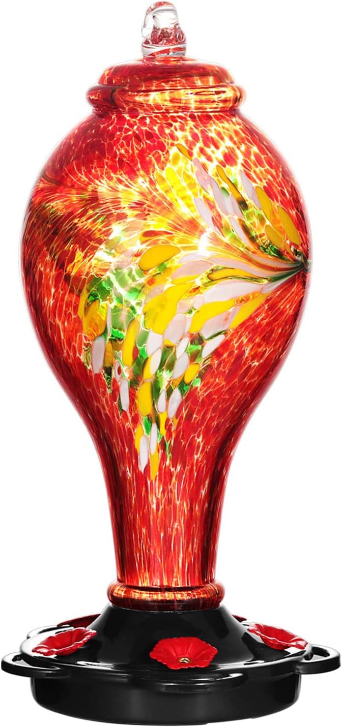LUJII Hummingbird Feeders for Outdoors, Hand Blown Glass, Never Fade, 36 Fluid Ounces, 5 Feeding Stations, Much Bigger, Garden Backyard Decorative, Containing Ant Moat (Red)