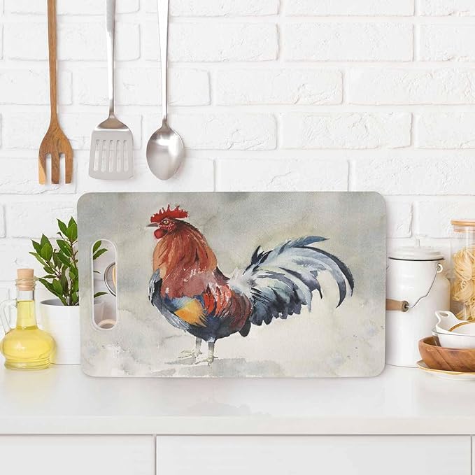 Roosters Cutting Board Red Cock With Blue Tail Grip Handle Chopping Boards Cutting Board for Kitchen Plastic 16" x 10" x 0.24"