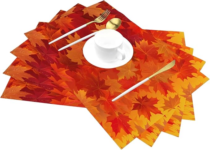 PVC Placemats Set of 1 Wipeable Table Mats Washable Heat Resistant Non Slip Vinyl Dining Table Mat for Kitchen Indoor Outdoor Patio Farmhouse Place Mats Orange Thanksgiving Maple Decorative
