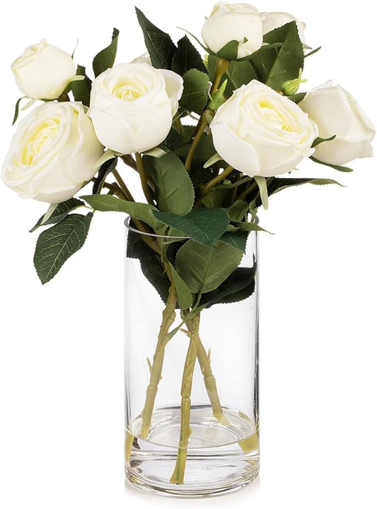 ENOVA FLORAL 9 Heads Silk Rose Artificial Flowers in Vase,Faux Rose Flowers Arrangement in Vase with Faux Water for Table Decor Centerpieces (Cream)