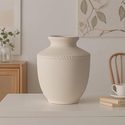 Farmhouse Ceramic Vase for Living Room Bedroom White 7.45'' Flower Bouquet Vase for Fake Plant Home Decor Office Fireplace Centerpieces Rustic Retro Vintage Modern Gift Decoration