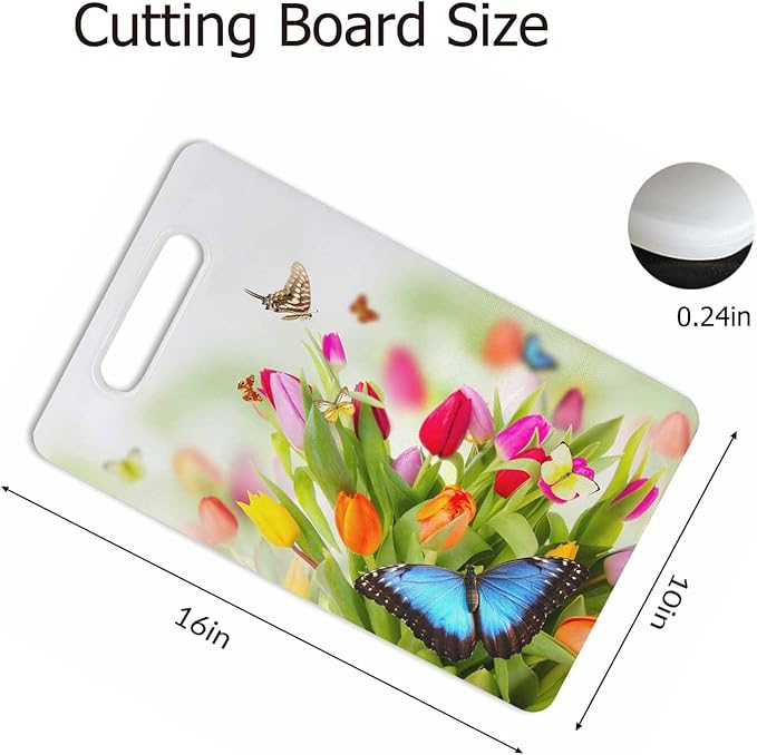 Tulips Bouquet Cutting Board with Handles Beautiful Butterflies Colorful Cutting Boards Plastic Safe Chopping Board for Kitchen 16" x 10" x 0.24"
