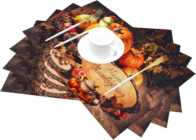 PVC Placemats Set of 4 Wipeable Table Mats Washable Heat Resistant Non Slip Vinyl Dining Table Mat for Kitchen Indoor Outdoor Patio Farmhouse Place Mats Thanksgiving Pumpkin Decorate Decorative