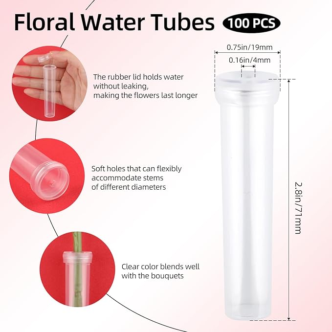 200 PCS Single Flower Sleeves Wrapping Bags with Floral Water Tubes for Bouquets, Single Rose Florist Bouquet Packaging Bags for Birthday Valentines Day, Wedding, Mother's Day Gifts