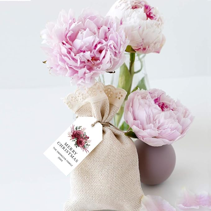 Andaz Press Personalized Christmas Holiday Season Classic Gift Tags, Merry Christmas Custom Family Name and Year, Burgundy Floral Roses Design, for Holiday Events, Parties, and Favors, 60-Pack