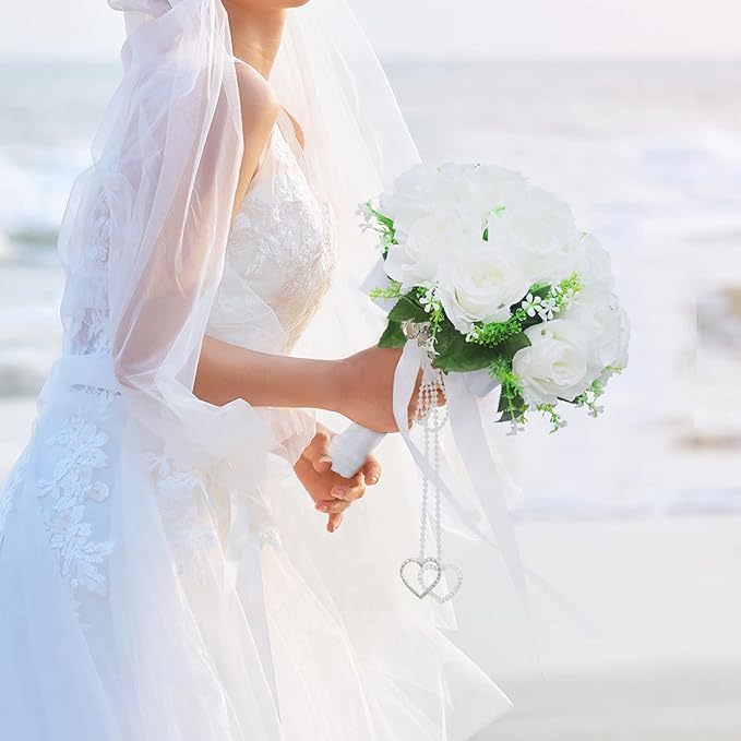 Wedding Bouquets for Bride, White Bridal Bridesmaid Wedding Flowers with Silk Ribbon and Rhinestones, Artificial Toss Rose for Civil Ceremony