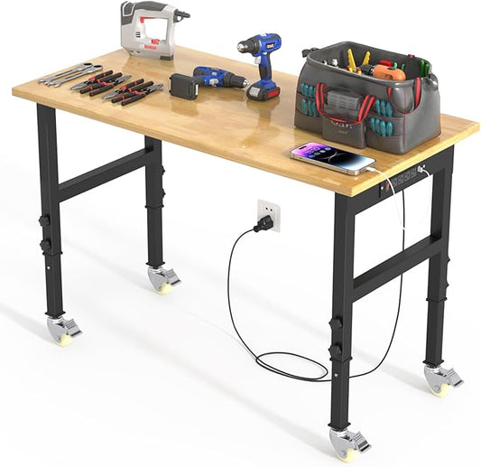 Adjustable Heavy Duty Workbench with Wheels,Rubber Wood Top Working Table, 2500 LBS Load Capacity with for Workshop and Office,etc.