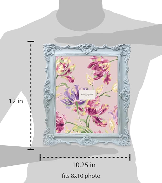 Laura Ashley 5x7 Powder Blue Ornate Textured Hand-Crafted Resin Picture Frame w/Easel & Hook for Tabletop & Wall Display, Decorative Floral Design Home Décor, Photo Gallery, Art (5x7, Powder Blue)