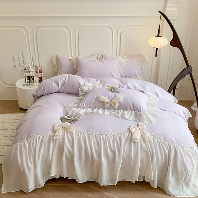 Chic Lace Bedding,Girls Twin Aesthetic Comforter Cover Set,Romantic French Princess Style Ruffled Duvet Cover with Lovely Bow with Zipper Closure-Purple,Twin