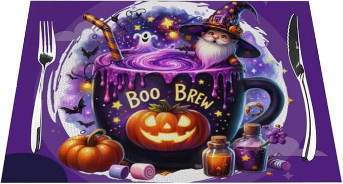 PVC Placemats Set of 1 Wipeable Table Mats Washable Heat Resistant Non Slip Vinyl Dining Table Mat for Kitchen Indoor Outdoor Patio Farmhouse Place Mats Purple Halloween Magic Cauldron Decorative