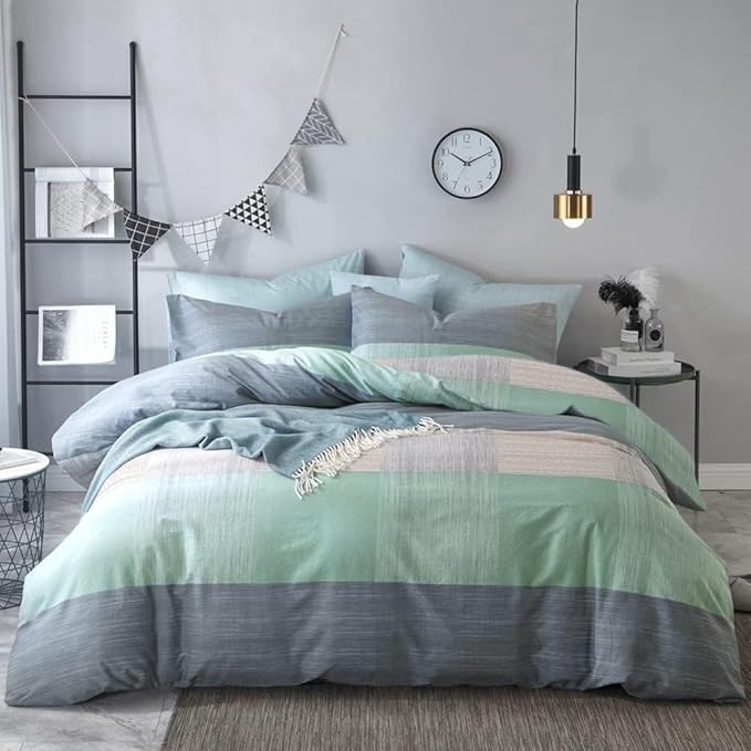 LifeTB Full Comforter Set Patchwork Bedding Comforter Set Soft Fluffy Geometric Plaid Bedding Set for All Seasons Cozy Patchwork Plaid Checkered Pattern Comforter Full Size with 2 Pillow Shams