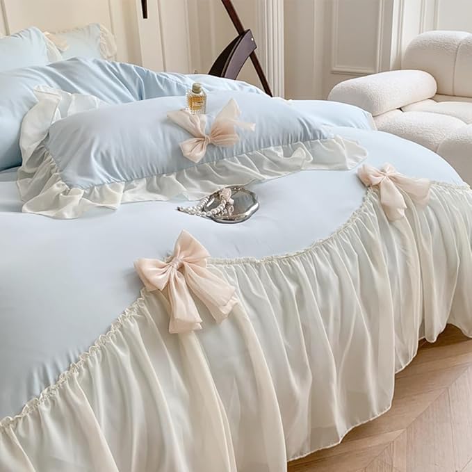 Girls Lace Bedding,Full Comforter Cover Set, Chic Ruffled Duvet Cover with Lovely Bow,Princess Style 1 Duvet Cover with 2 Pillowcases, No Comforter-Blue,Full Size