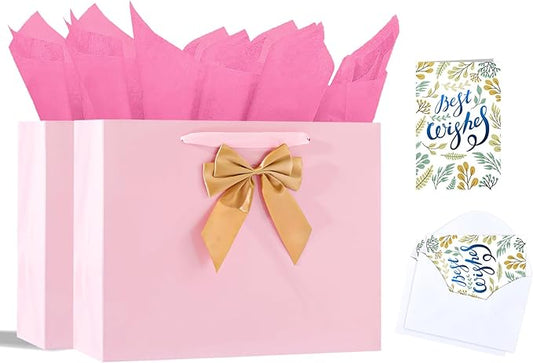 Bloomwords 13" Pink Gift Bag Set - 2 Large Paper Bag with Bow, Greeting Card & 4 Tissues, Sturdy Handles for Birthdays, Father’s Day & Special Occasions-2PCS