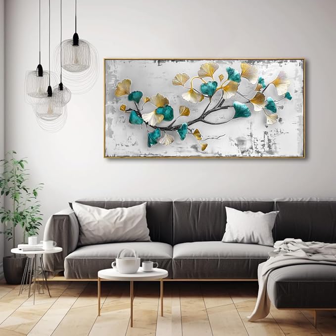 Wall Art Ginkgo Leaf Modern Botanical Artwork Canvas Painting for Living Room Bedroom Dining Room Home Office Decor 30"x60" with Framed