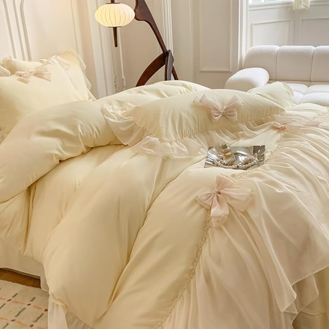 Chic Lace Bedding,Girls Twin Aesthetic Comforter Cover Set,Romantic French Princess Style Ruffled Duvet Cover with Lovely Bow with Zipper Closure-Yellow,Twin Size