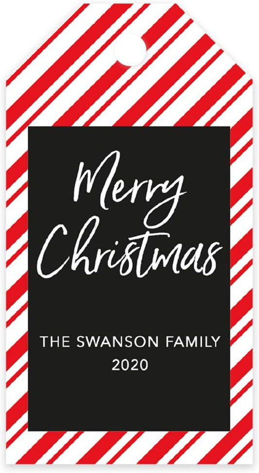 Andaz Press Personalized Christmas Holiday Season Classic Gift Tags, Merry Christmas Custom Family Name and Year, Candy Cane Striped Design, for Holiday Events, Parties, and Favors, 60-Pack