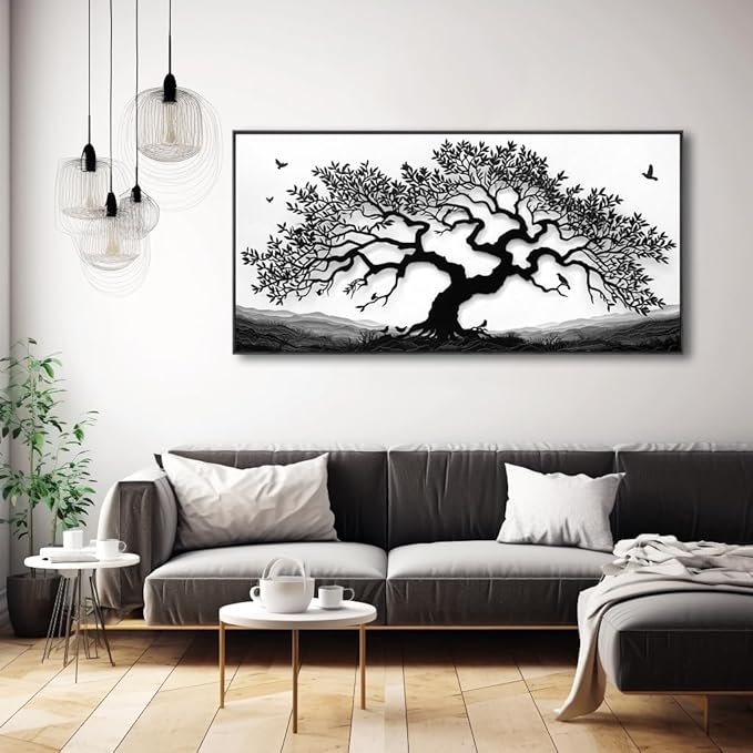 MooMel Wall Art Tree of Life White and Black Abstract Wall Art Canvas Painting for Living Room Bedroom Dining Room Home Office Decor Large Framed Ready to Hang 30"x60"