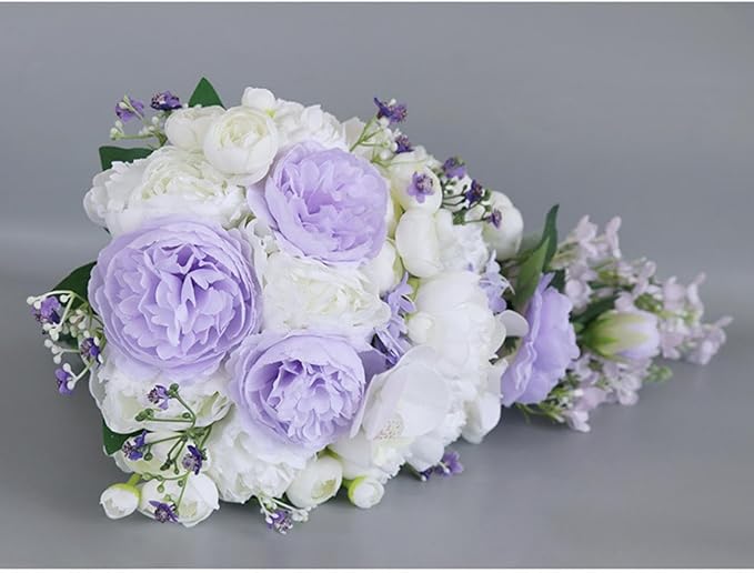 Cascading Bouquets for Bride, White and Purple Water Drop Waterfall Artificial Flowers Roses Bridal Bouquet for Wedding Ceremony Anniversary Party Bridal Shower Decoration