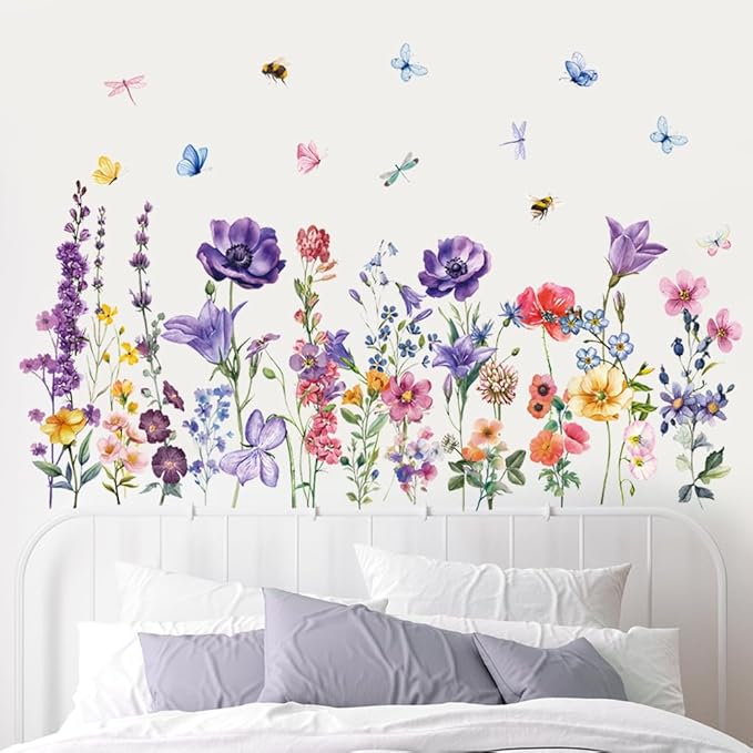 Colorful Wildflower Wall Stickers Spring Flower Butterflies Dragonflies Floral Botanical Wall Decals Peel and Stick Wall Art Stickers for Baby Nursery Girls Bedroom Kids Room Wall Decor
