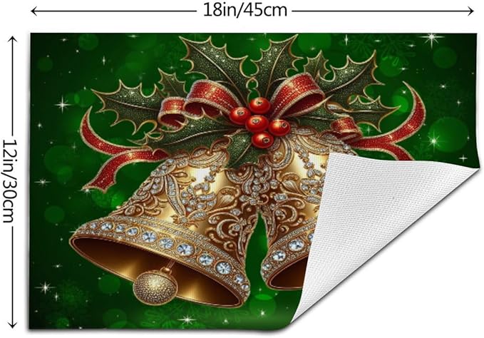PVC Placemats Set of 6 Wipeable Table Mats Washable Heat Resistant Non Slip Vinyl Dining Table Mat for Kitchen Indoor Outdoor Patio Farmhouse Place Mats Green Christmas Bell Decorative