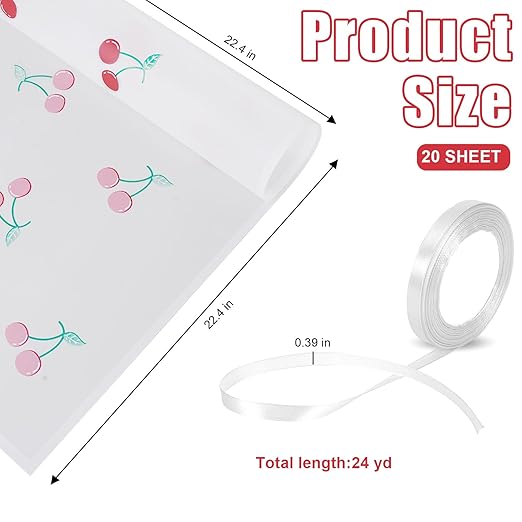 20 Sheets Bouquet Wrapping Paper, 22.4Inch White Cherry Pattern Flower Floral Wrapping White Floral Paper for Bouquets Kit, Waterproof Decorations with Ribbon for DIY Crafts Wedding Birthday Party
