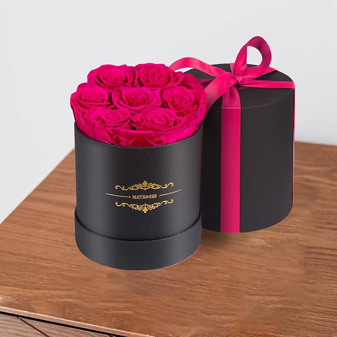 NATROSES 7 Piece Preserved Roses in a Box, Preserved Flowers for Birthday, Flower Gifts for Mothers Day (Hot Pink)
