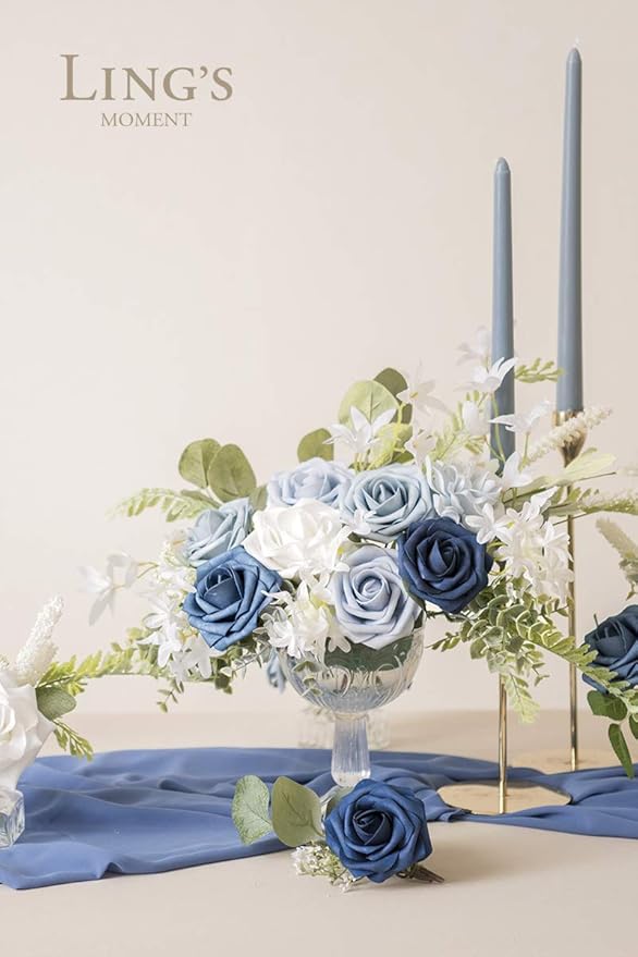 Ling's moment Artificial Flowers, 50Pcs 3" Roses in Dusty Blue Shades, Realistic DIY Foam Floral Decor for Wedding Bouquets/Centerpieces, Outdoor Party Backdrops, Room/Table, Garden/Pot Decorations