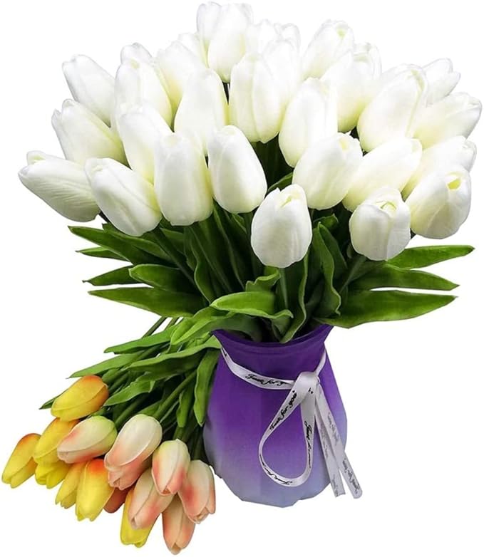 NIDONE Artificial Tulips Flowers Real Touch Tulips Holland PU Bouquet Latex Flower White for Wedding Party Office Home Kitchen Decoration 30pcs (White)