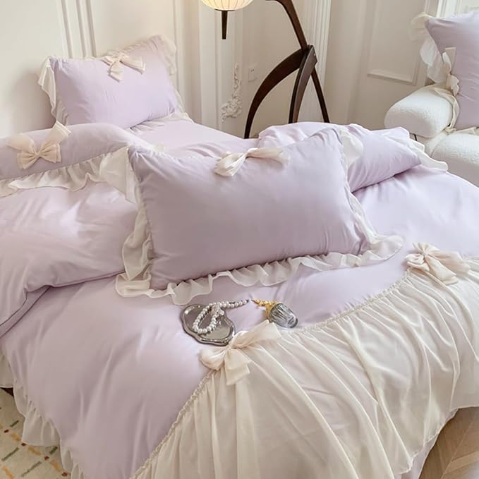 Girls Lace Bedding,Purple Queen Comforter Cover Set, Chic Ruffled Duvet Cover with Lovely Bow,Princess Style 1 Duvet Cover with 2 Pillowcases, No Comforter,Purple,Queen Size