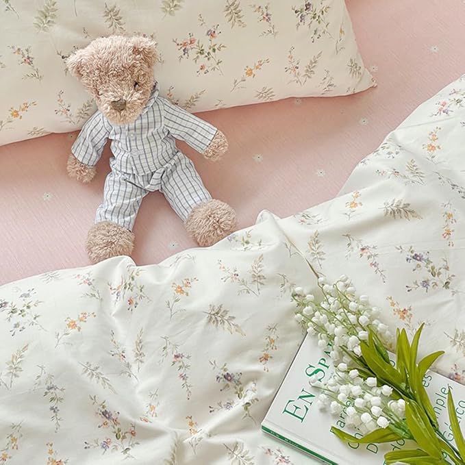 Nayoroom Pink Floral Duvet Cover Full Size Green Botanical Leaf Printed on White Reversible Coquette Bedding Set 3 Pcs Soft Microfiber Spring Cottagecore Comforter Cover with Zipper Closure