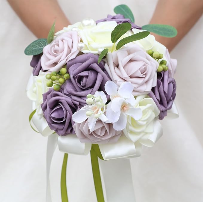 Lightweight Bridal Wedding Bouquet Round Holding Bouquet Throw Toss Artificial Rose Flower Bunch for Bride Bridesmaid Wedding Quinceanera (Cream, Deep Taro & Light Taro, 6.7")
