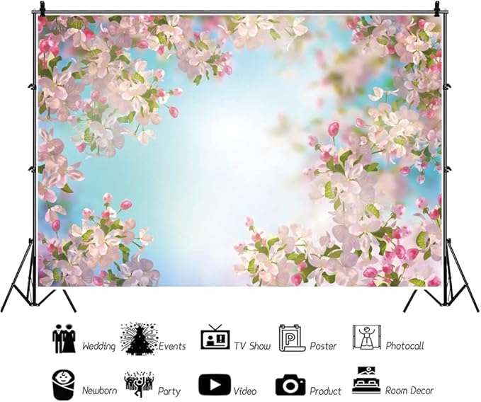 Renaiss 10x8ft Pink Floral Backdrop Romantic Cherry Blossom Blue Sky Sunshine Nature Scenery Polyester Photography Background for Wedding Kids Baby Birthday Party Decor Photo Props
