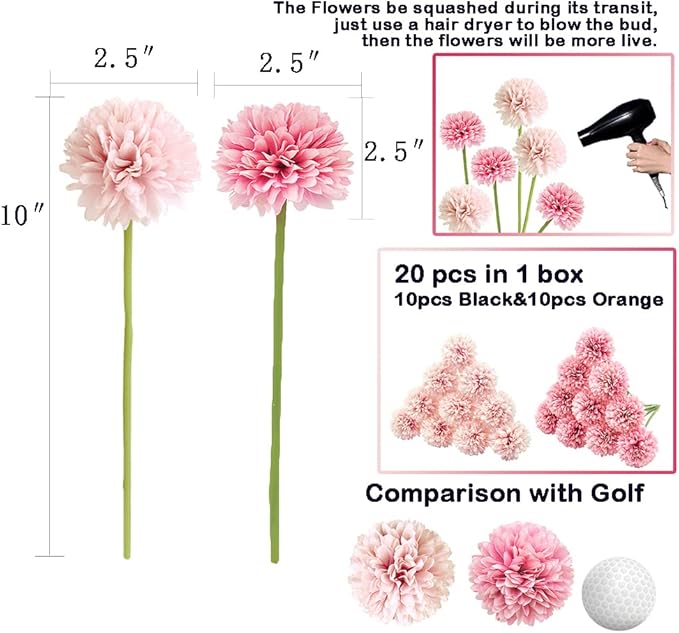 20Pcs Artificial Fake Flower Plants Silk Chrysanthemum Ball Hydrangea Arrangements Wedding Bouquets Decor Home Kitchen Garden Party Table Floral DIY (Light Pink&Dark Pink)